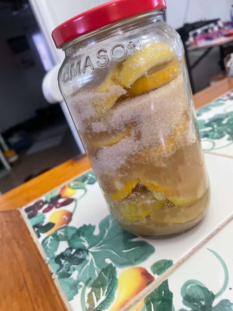 A jar of lemon cheong, sugar has sucked out half of
the moisture.