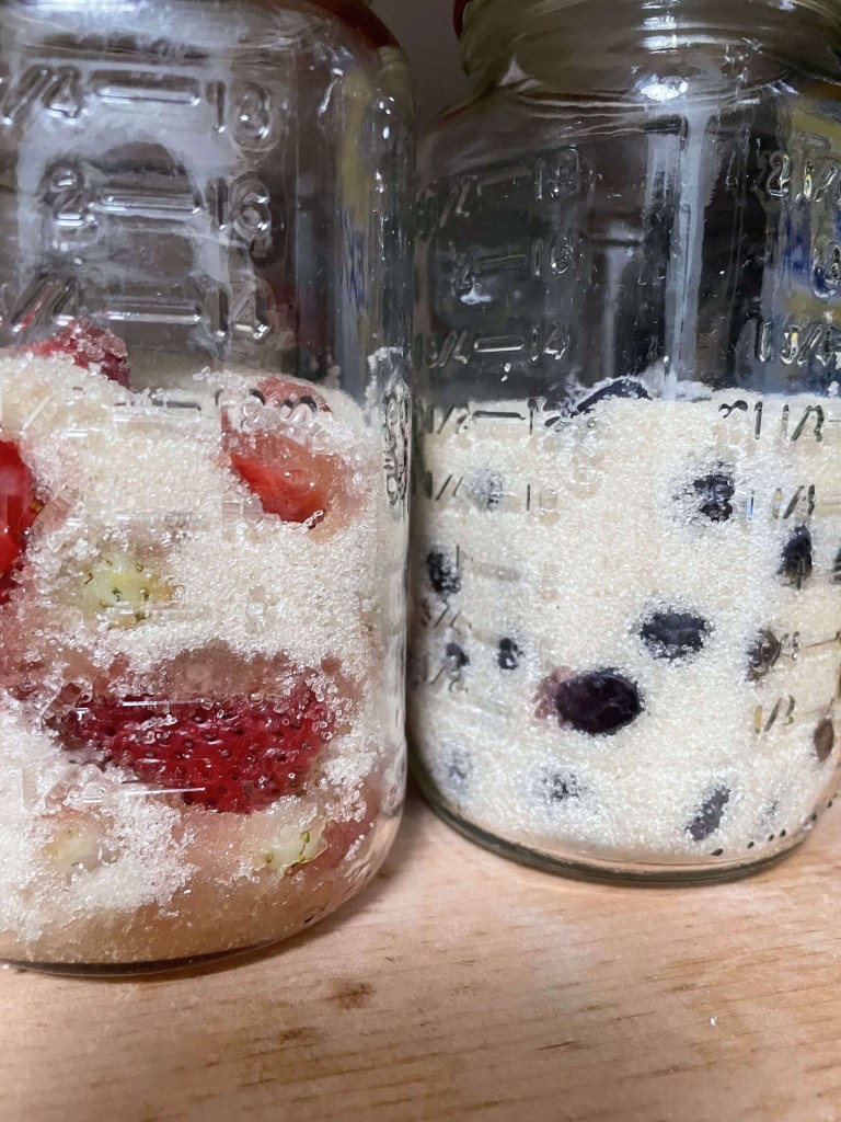 Two jars of cheong, strawberry and blueberry.