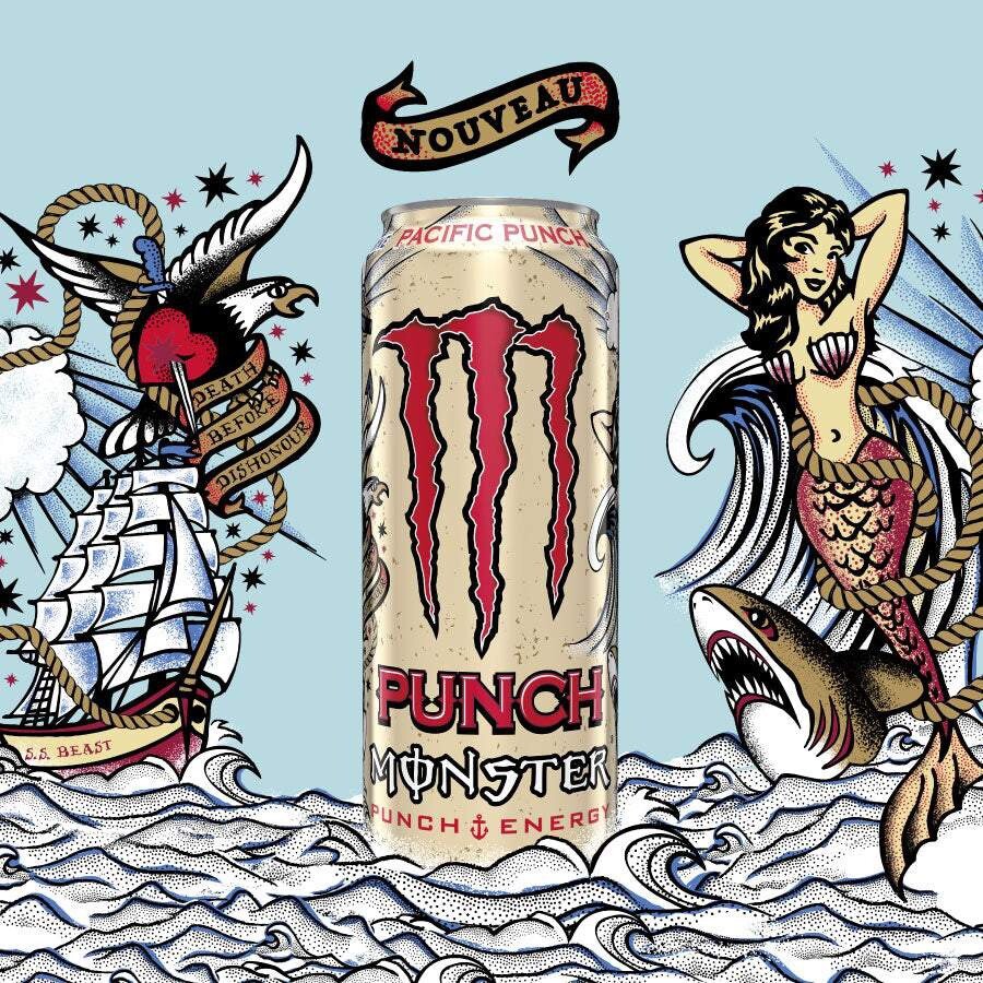 Promotional material for Monster Energy Drink's "Pacific Punch" Juice.