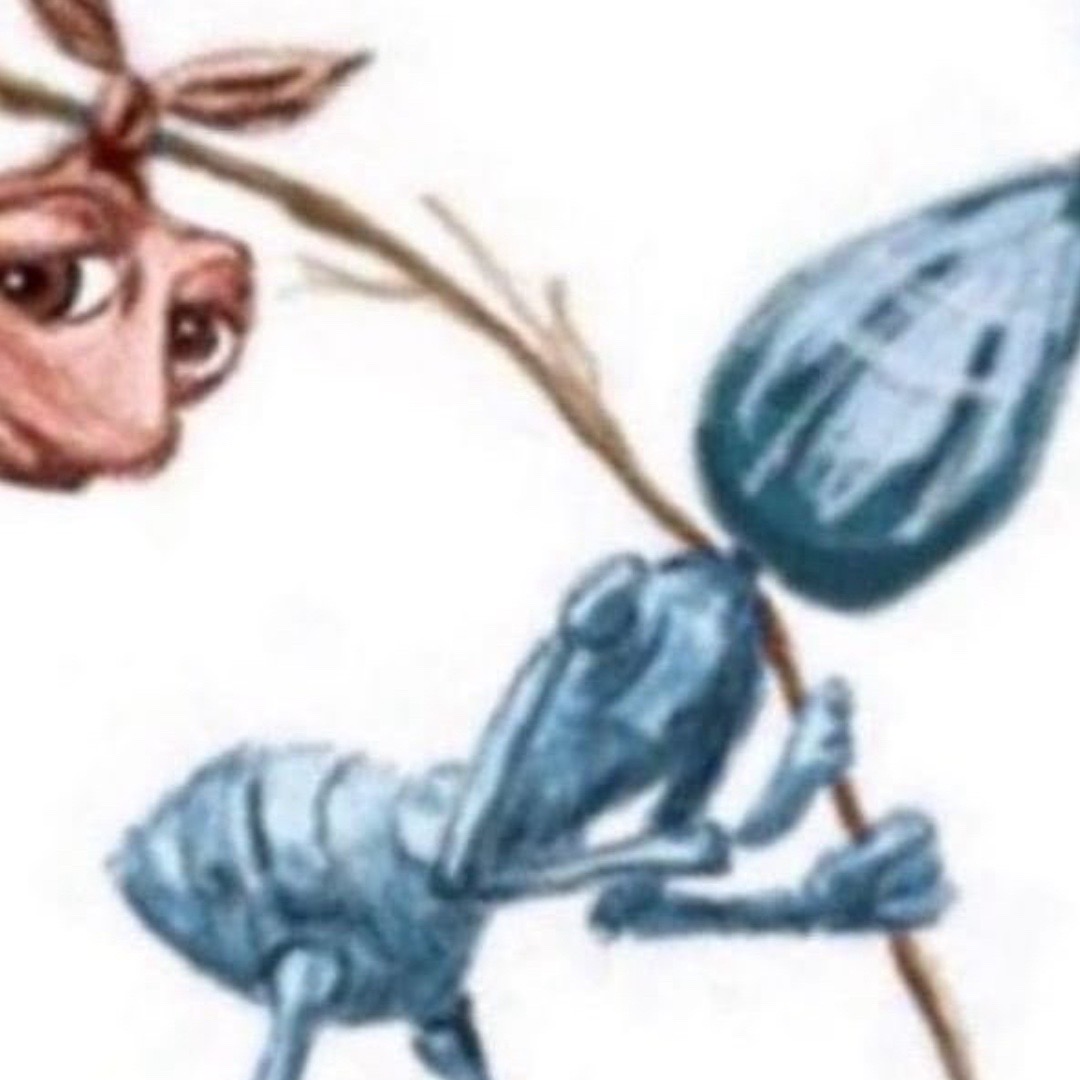 An anthropomorphic bidle carrying an ant.